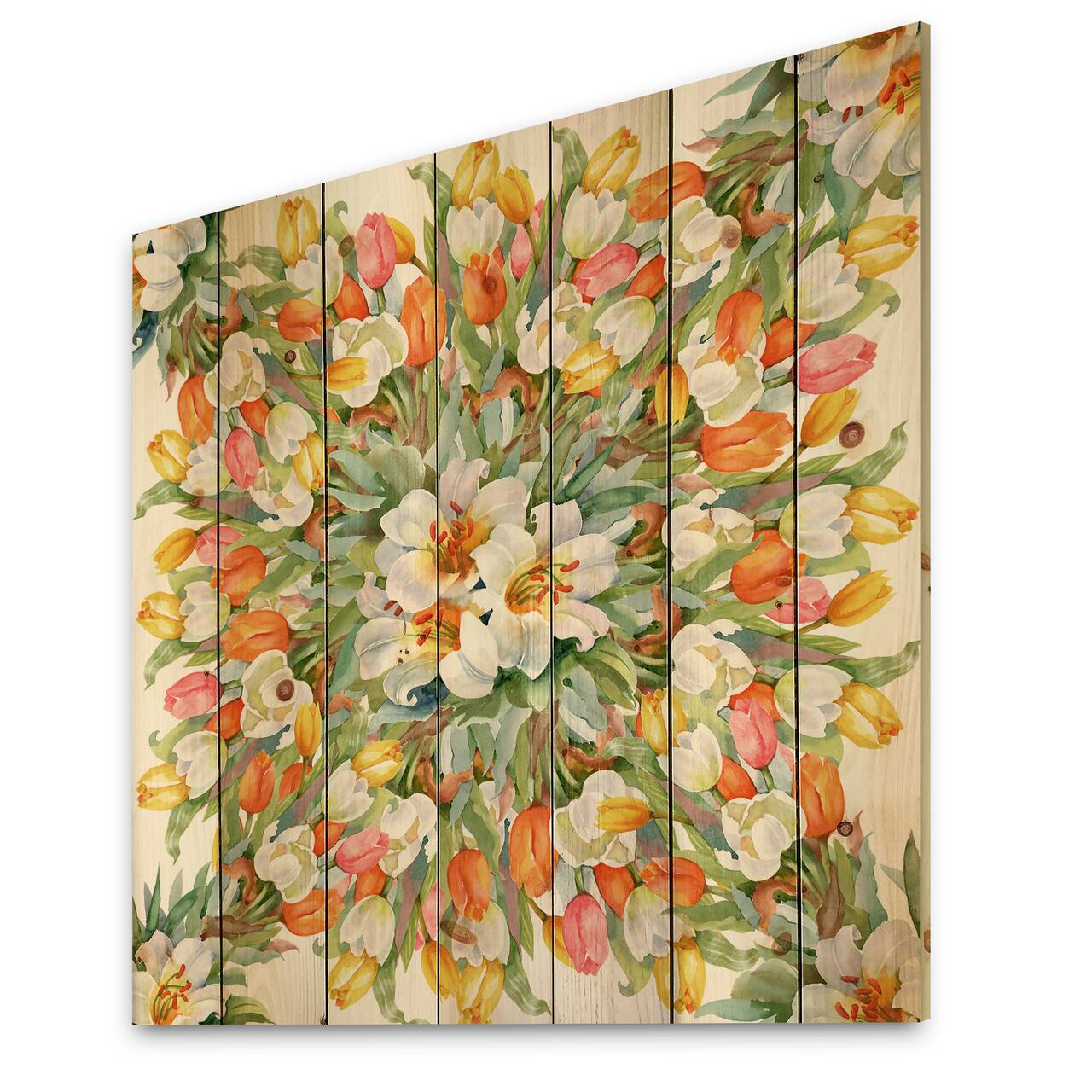 Designart - Blooming White and Orange Tulips II - Traditional Print on Natural Pine Wood